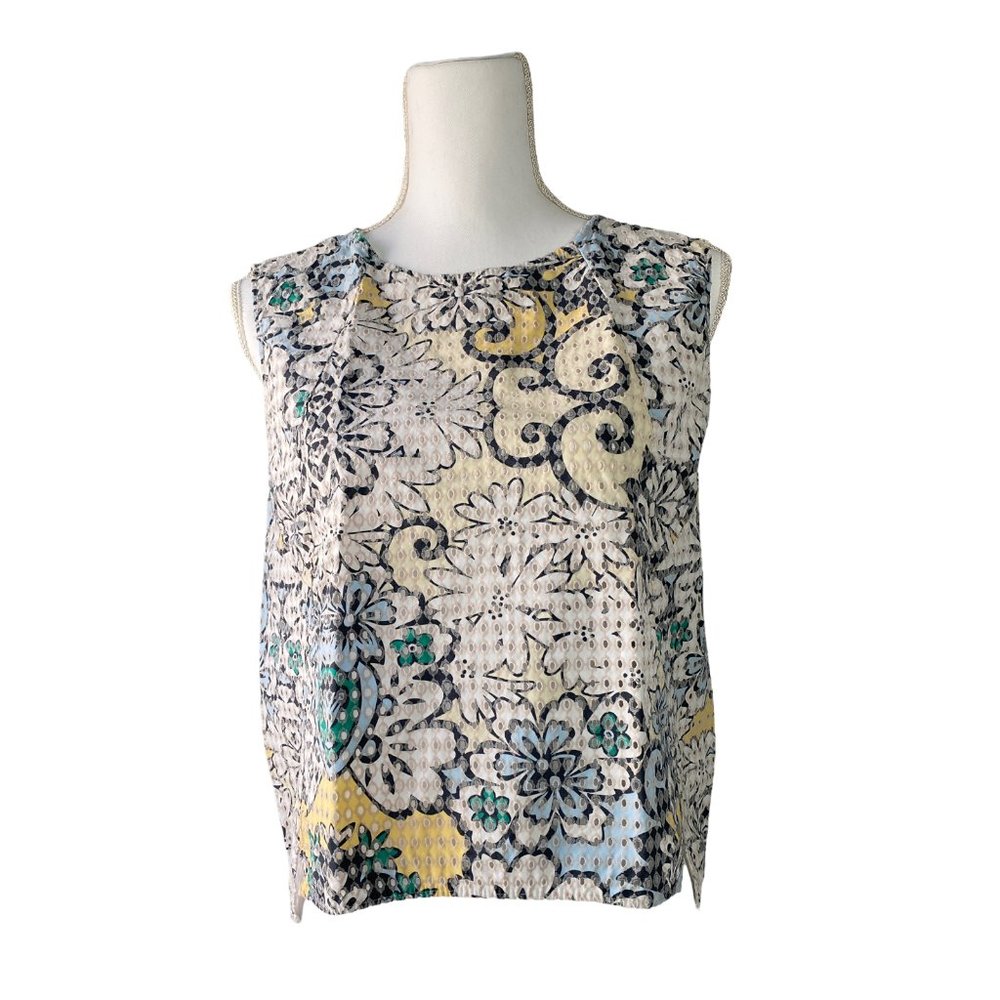 Zara Women’s White Floral Tank Sleeveless Scoop Neck Button Cotton Size Large